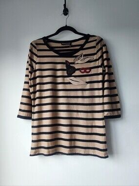 Sonia Rykiel Vintage Stripe Artsy Dove Lips Masks Puff Sleeve Boatneck  Top